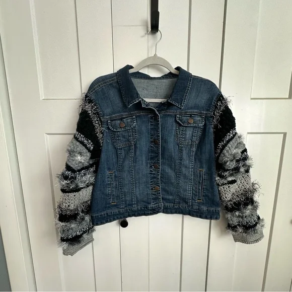 Upcycled Women's Denim Jacket with Crocheted Textured Sleeves - m/l - Picture 1 of 9